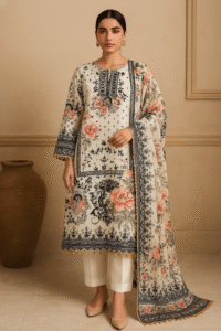 White Crepe Silk Floral Print Suit Set