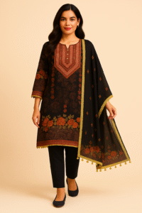 Crepe silk Black with floral print mirror work