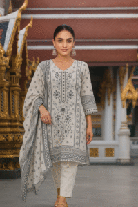 White cotton embroidery work with chumki work
