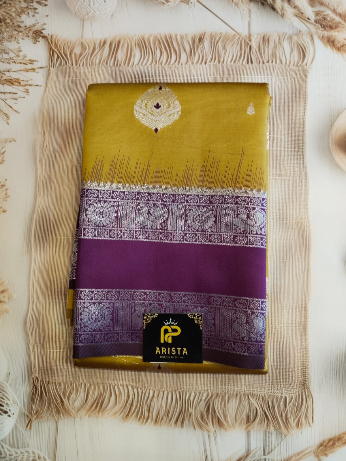 Mustard Yellow & Purple Semi Kanchipuram Silk Saree with Silver Zari Border