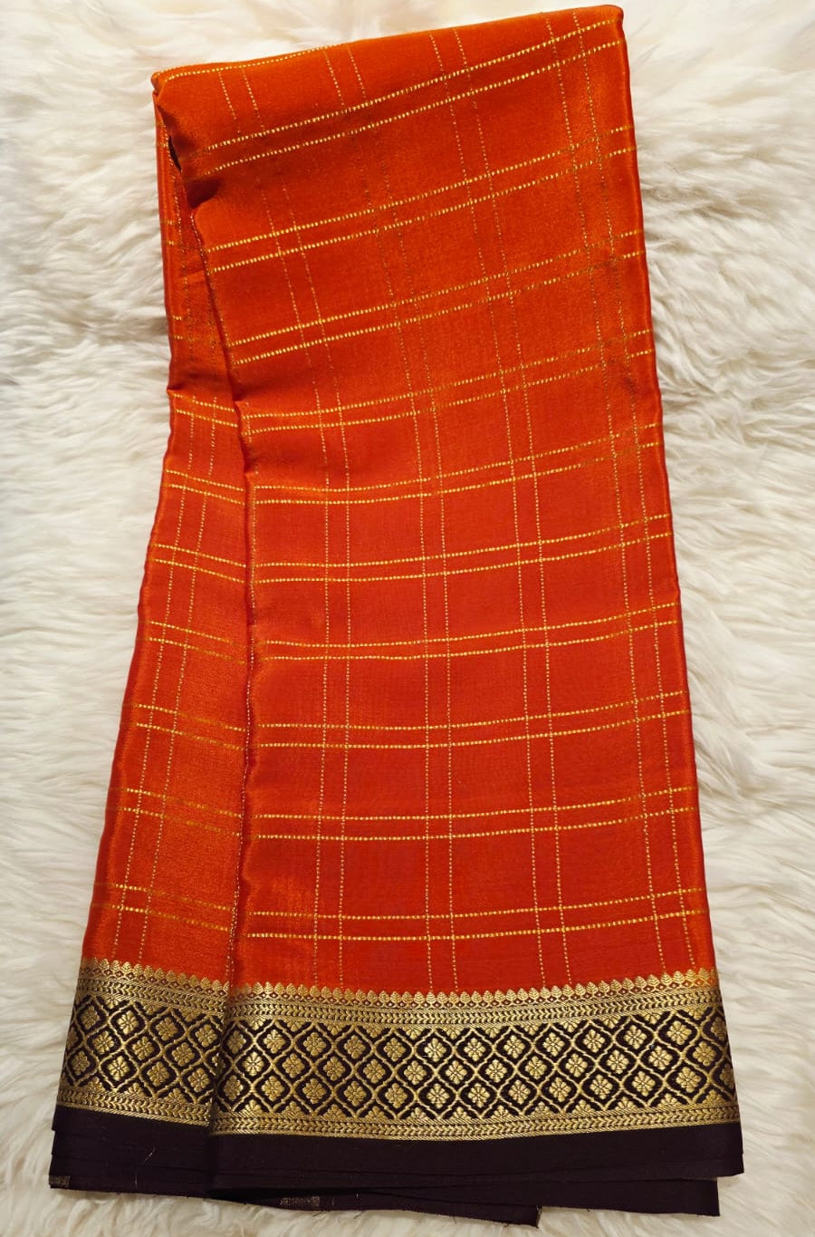 PURE CREPE MYSORE SILK SAREE ORANGE CHECKS