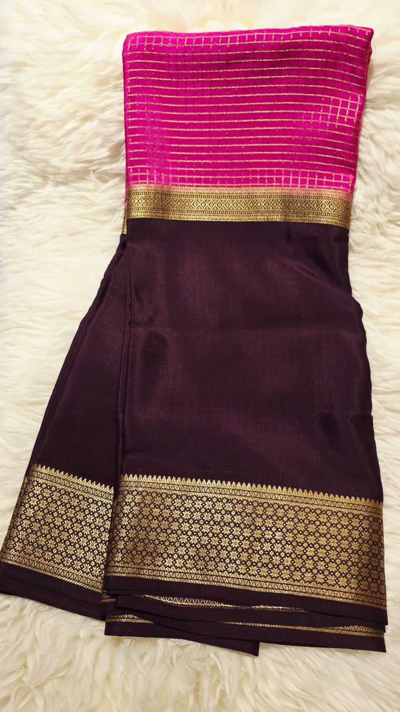PURE CREPE MYSORE SILK SAREE BROWN AND PINK CHECKS