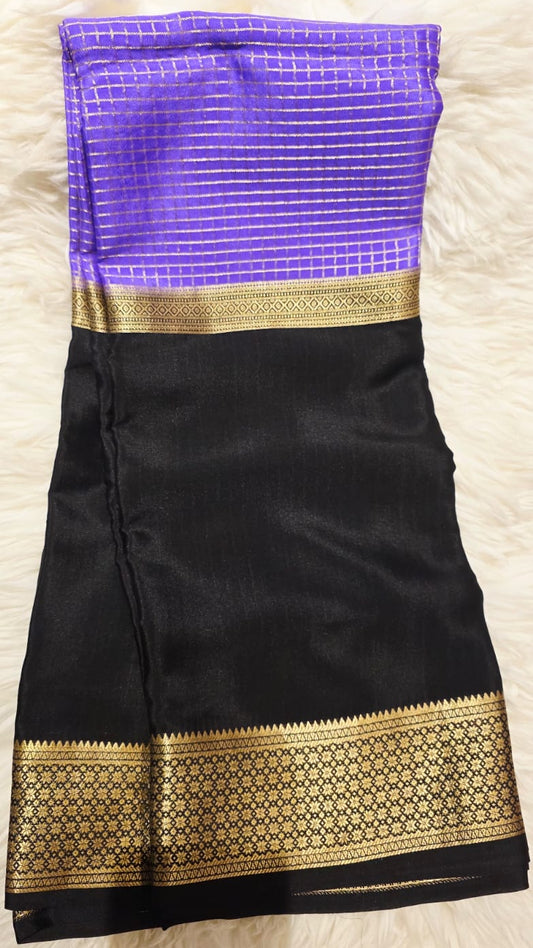 PURE CREPE MYSORE SILK SAREE BLACK AND PURPLE CHECKS