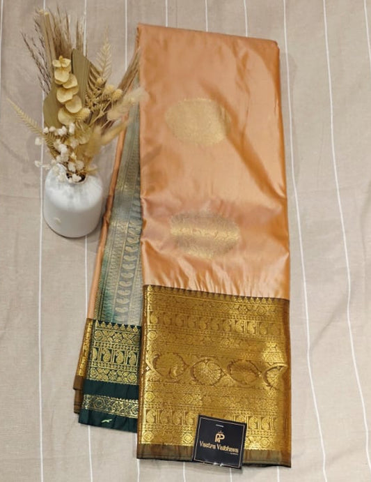 Semi Kanchipuram Silk Saree – Peach & Bottle Green Contrast