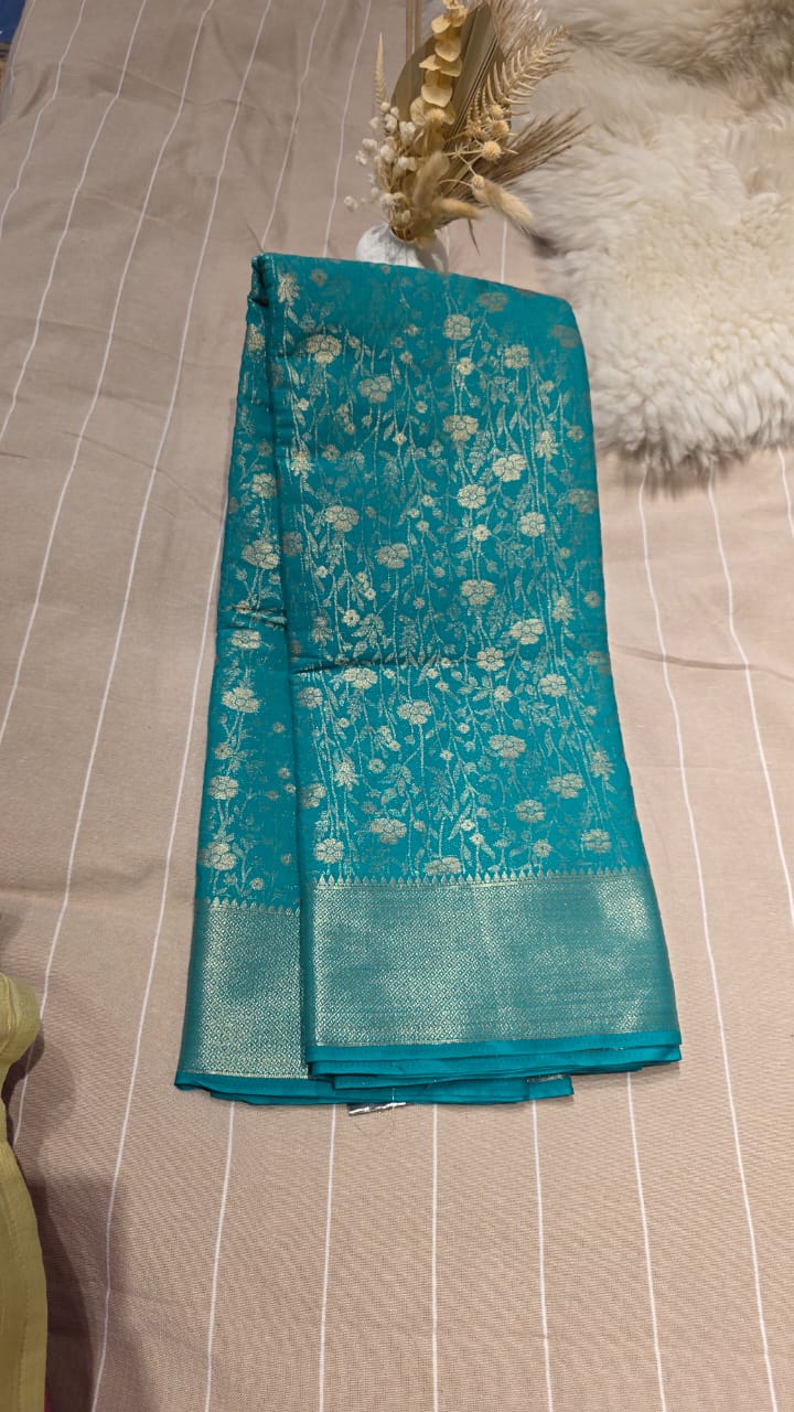 Semi Crepe Brocade Silk Saree – TEAL GREEN
