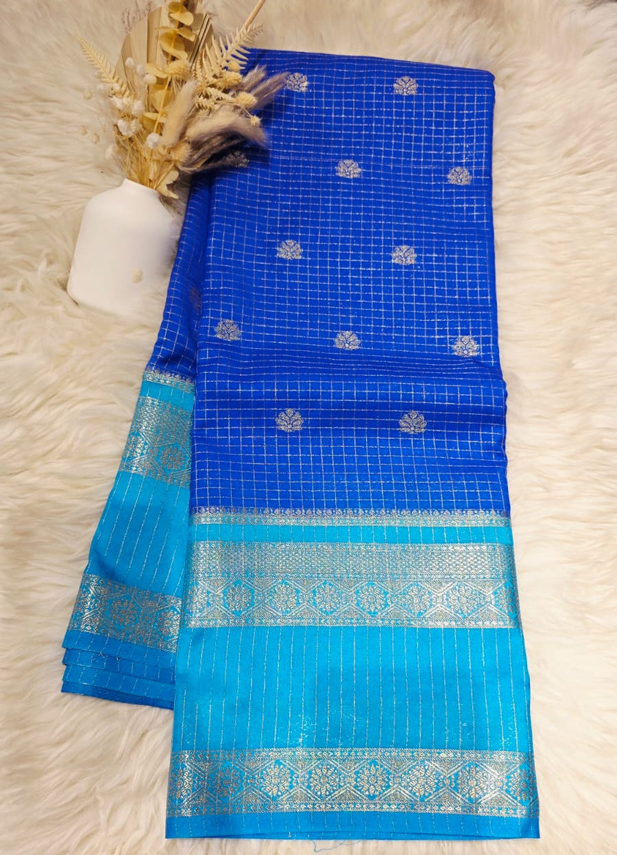 Semi Crepe Checks Silk Saree – Blue & Sky Blue