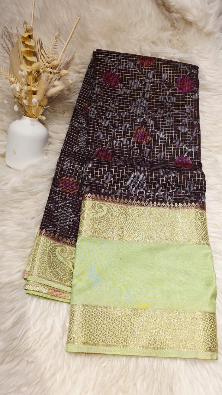 Semi Crepe Silk Saree -BROWN & LIGHT GREEN