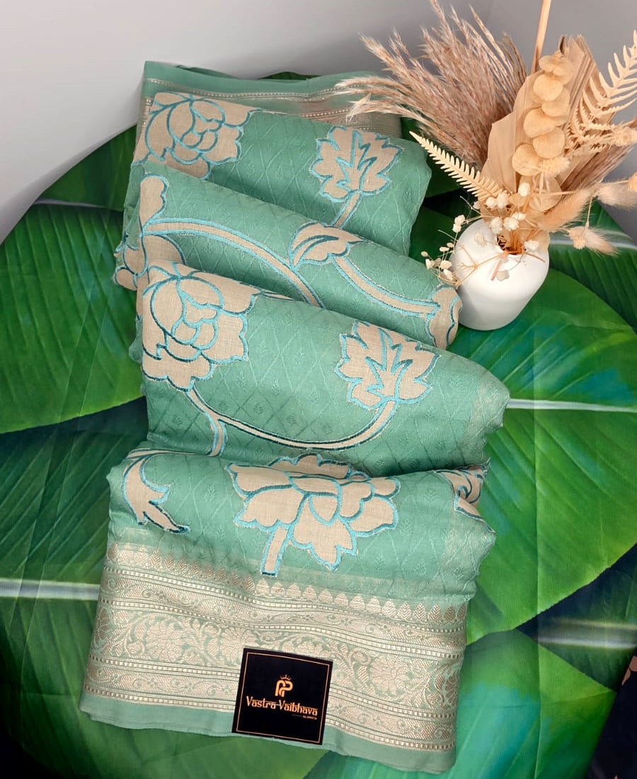 Premium Applique Work Silk Saree β Pastel Green Elegance