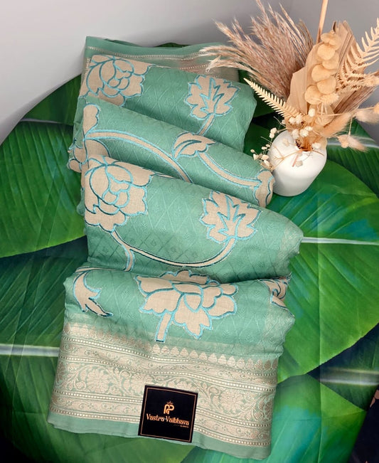 Premium Applique Work Silk Saree – Pastel Green Elegance