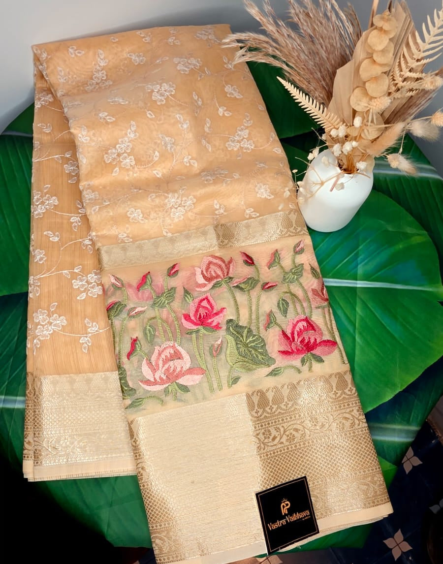 Premium Embroidery Chikankari Work Saree - GOLDEN ELEGANCE