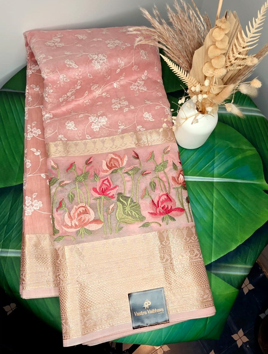 Premium Embroidery Chikankari Embroidery Saree – Rosy Pink