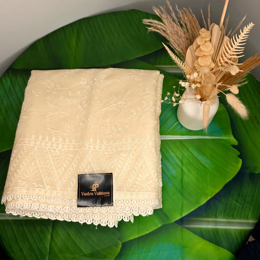 Embroidery Chikankari Work Saree – Elegant Off-White Beauty
