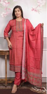 Mixed Cotton 3PC Kurta Set with Semi-Hand Work (Soft Material)