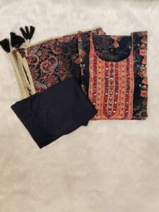 Crepe silk Black with floral print mirror work