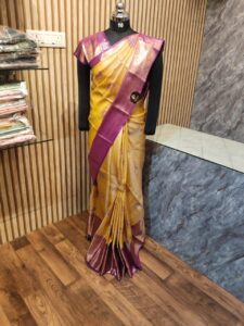 Semi Kanchipuram silk Yellow with Purple Border Saree