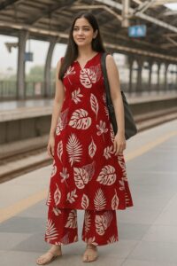 Cotton floral print A line Kurta Red