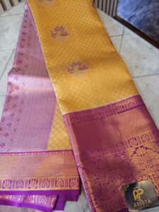 Semi Kanchipuram silk Yellow with Purple Border Saree