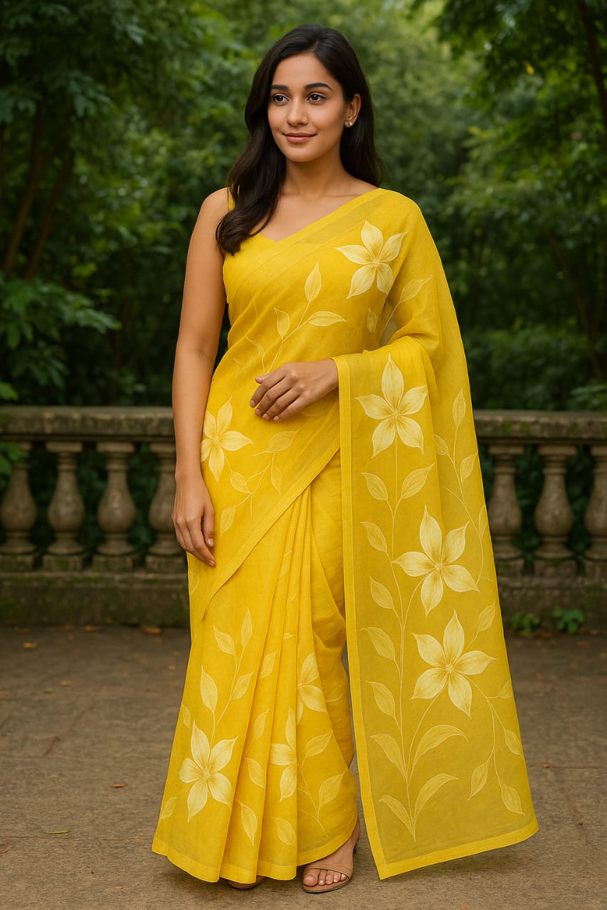 Yellow Organza Saree with White Floral Embroidery