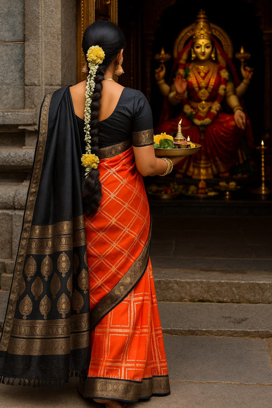 Semi Crepe Silk Vintage Orange with Black Saree