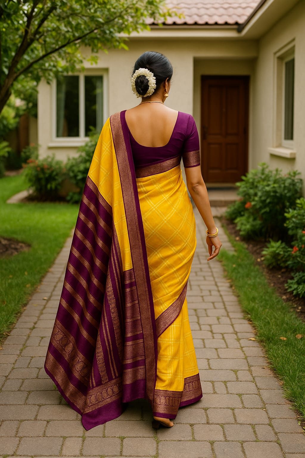 Semi Crepe Silk Vintage Yellow with Purple
