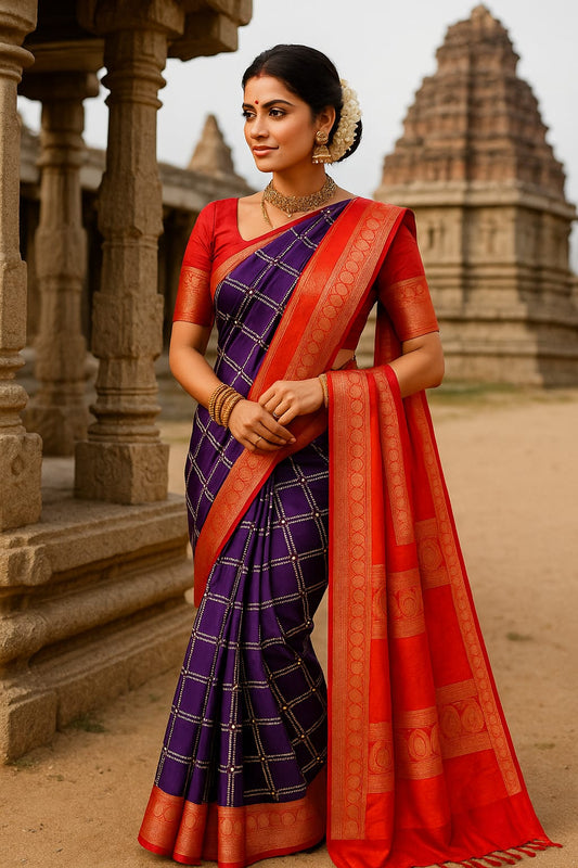 Semi Crepe Silk Vintage PURPLE with Orange