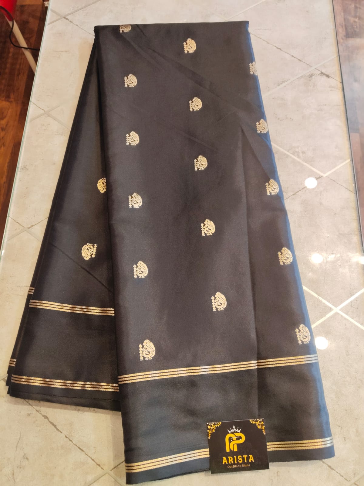 CREPE SILK Black & Golden Peacock Motifs Saree
