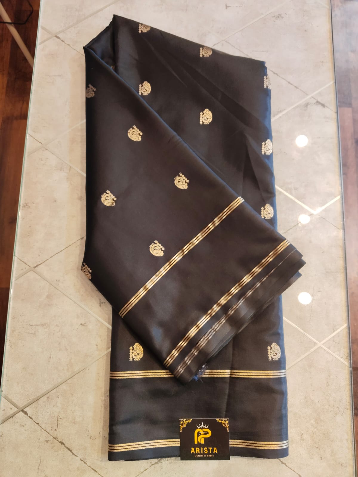 CREPE SILK Black & Golden Peacock Motifs Saree
