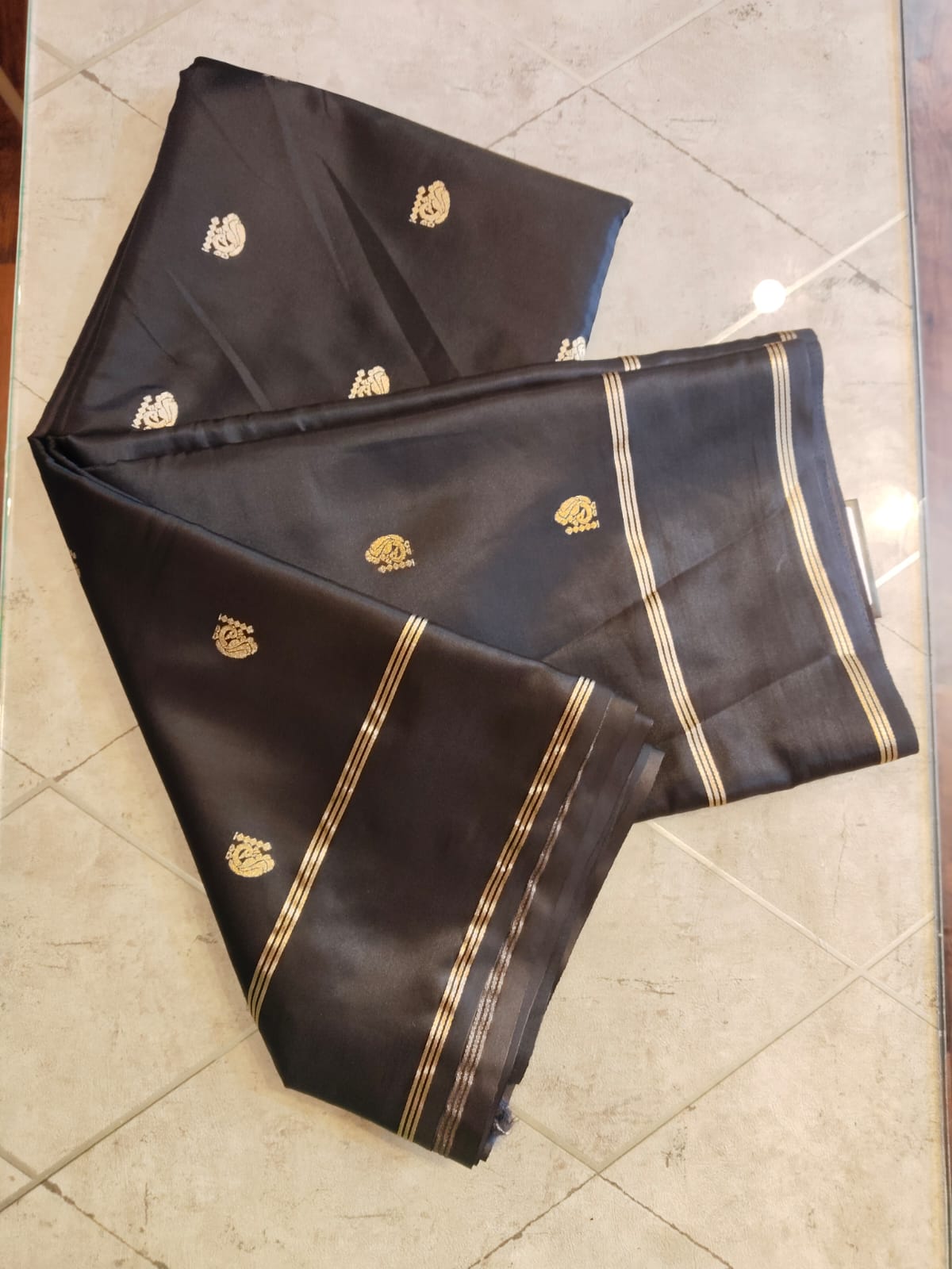 CREPE SILK Black & Golden Peacock Motifs Saree