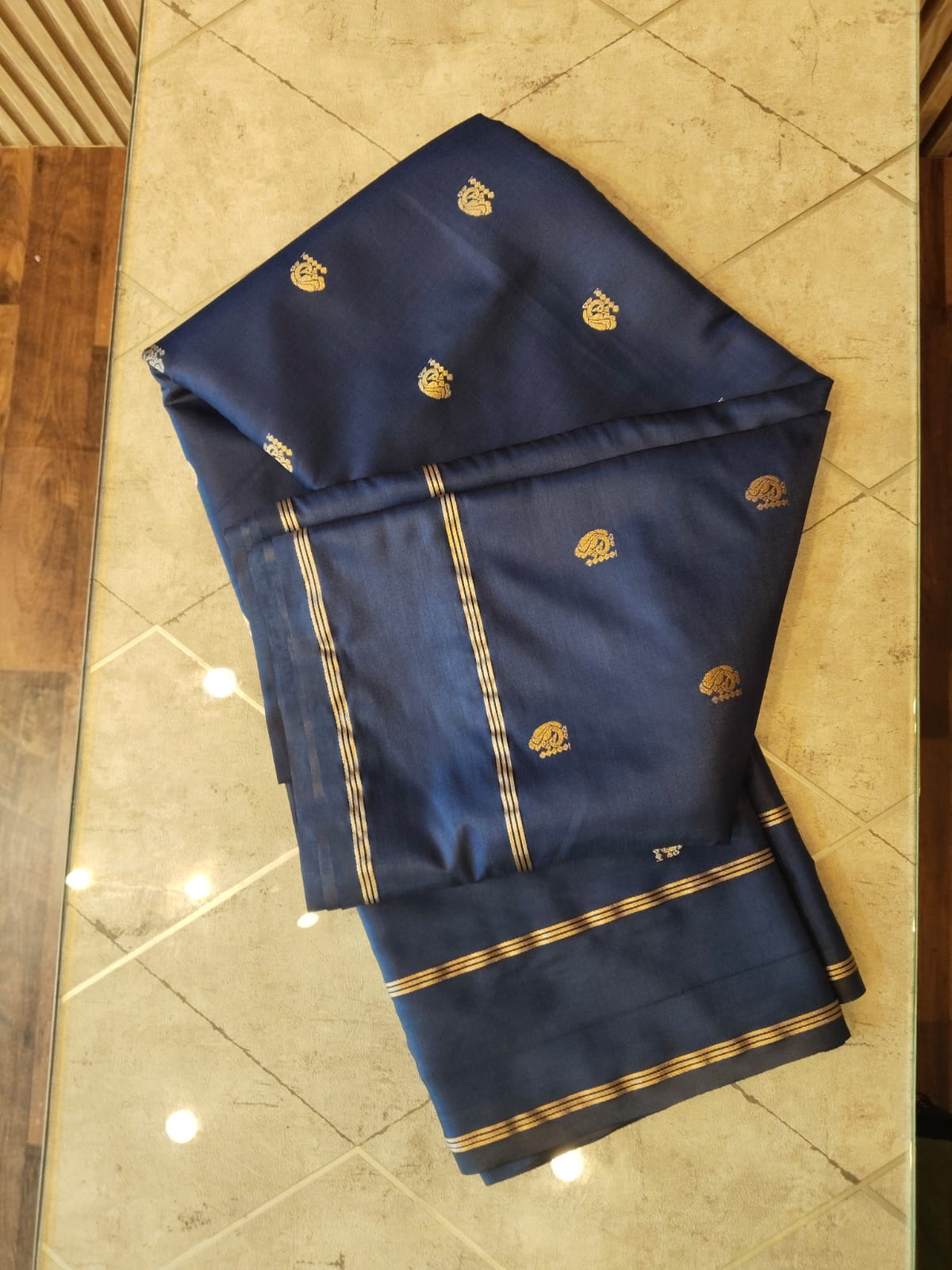 CREPE SILK Ink Blue & Golden Peacock Motifs Saree