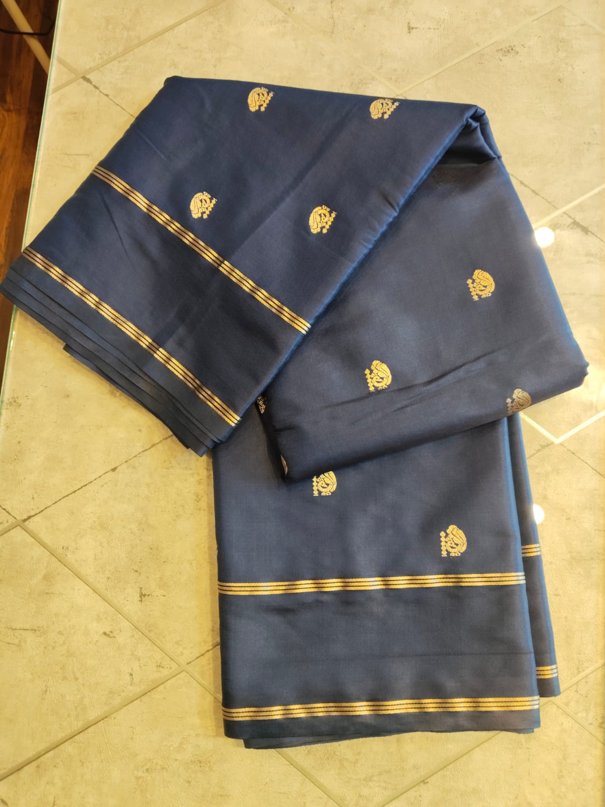 CREPE SILK Ink Blue & Golden Peacock Motifs Saree