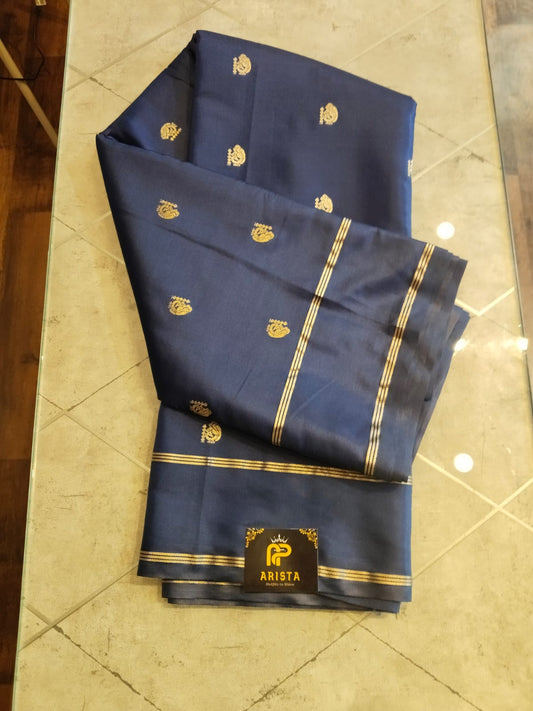 CREPE SILK Ink Blue & Golden Peacock Motifs Saree