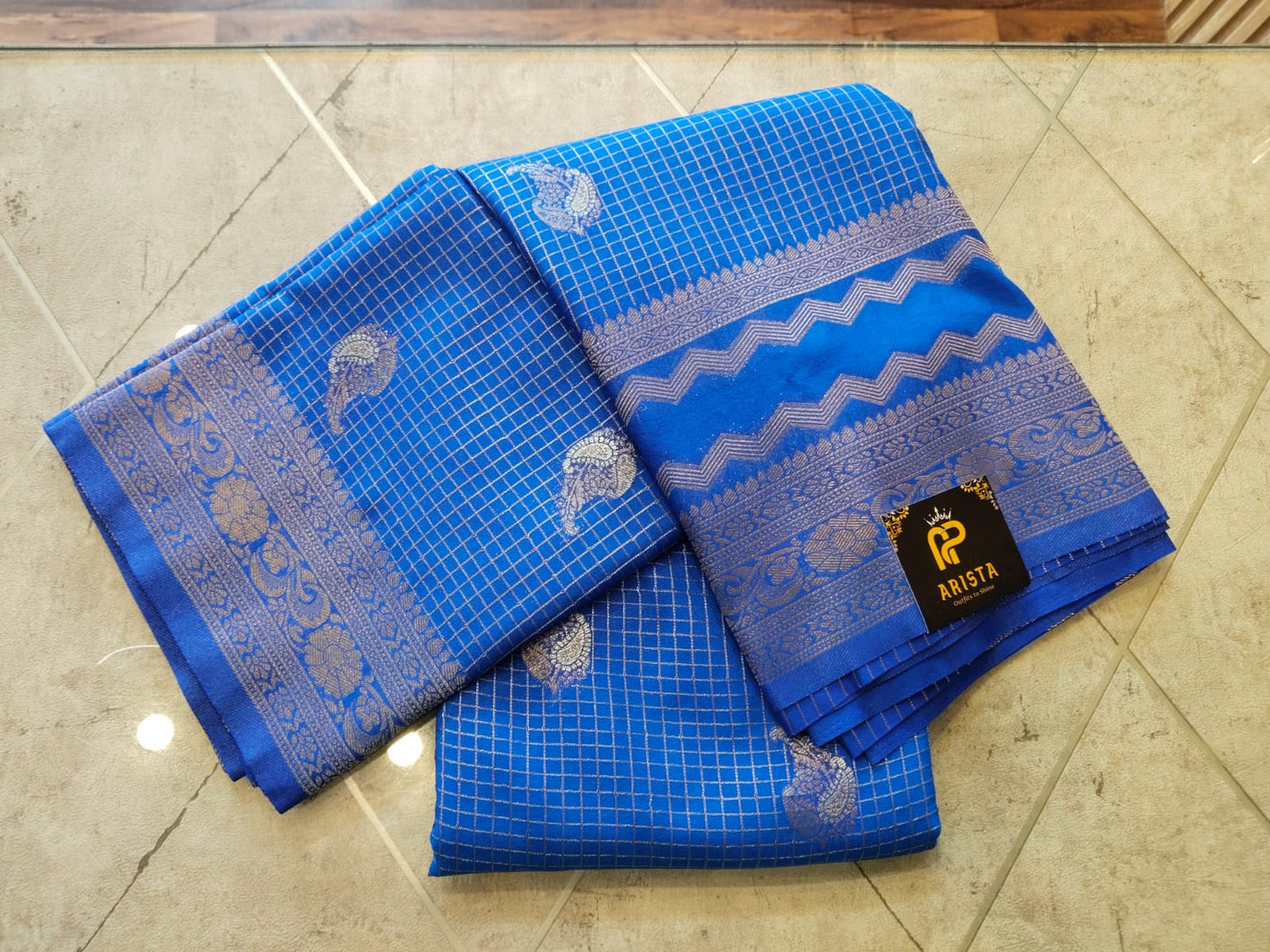 CREPE SILK Royal Blue with Checks Butta