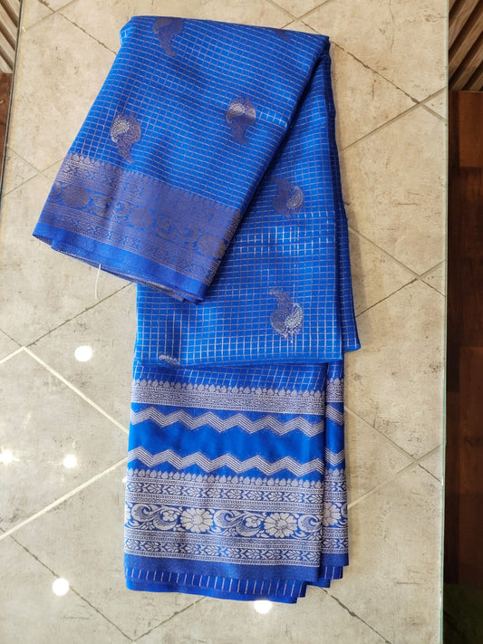 CREPE SILK Royal Blue with Checks Butta