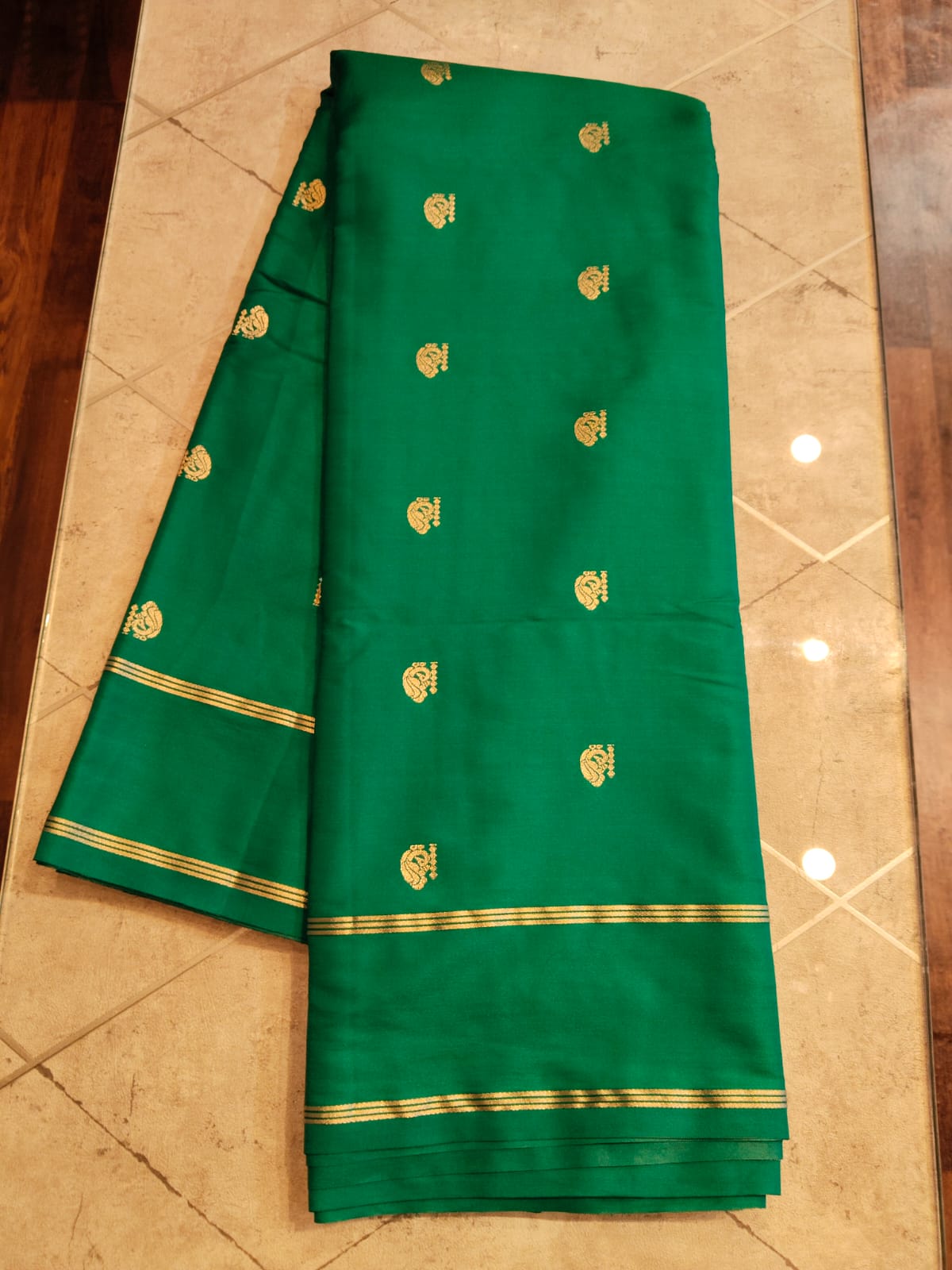 CREPE SILK Green & Golden Peacock Motifs Saree
