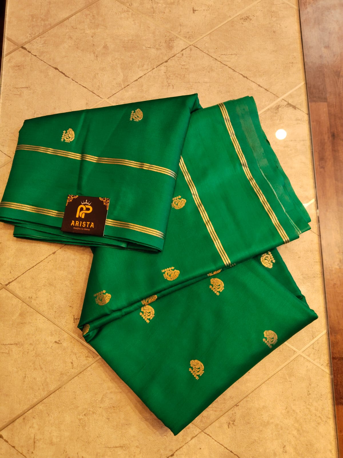 CREPE SILK Green & Golden Peacock Motifs Saree