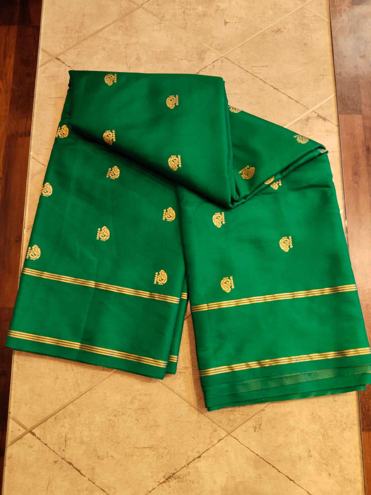 CREPE SILK Green & Golden Peacock Motifs Saree