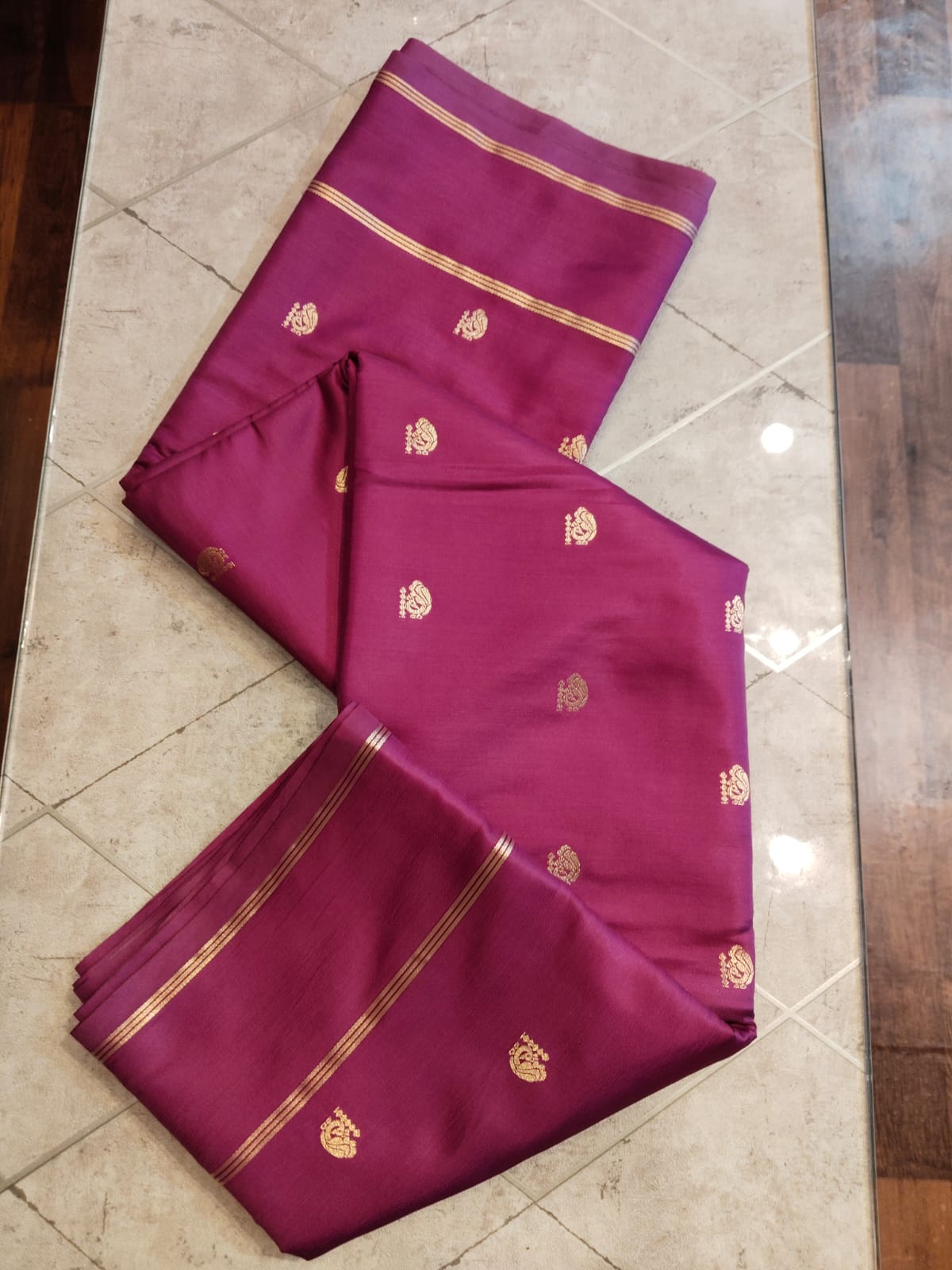 CREPE SILK Pink & Golden Peacock Motifs Saree