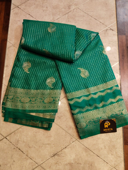 CREPE SILK Green with Checks Butta