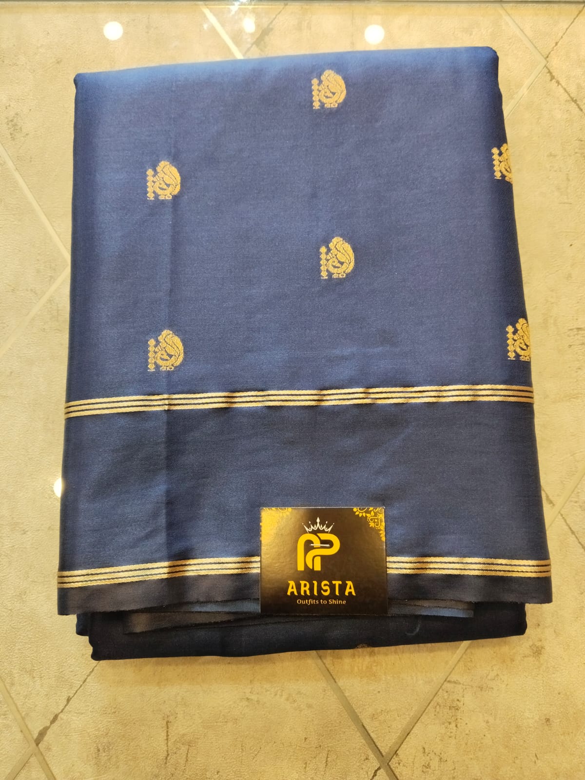 CREPE SILK Ink Blue & Golden Peacock Motifs Saree