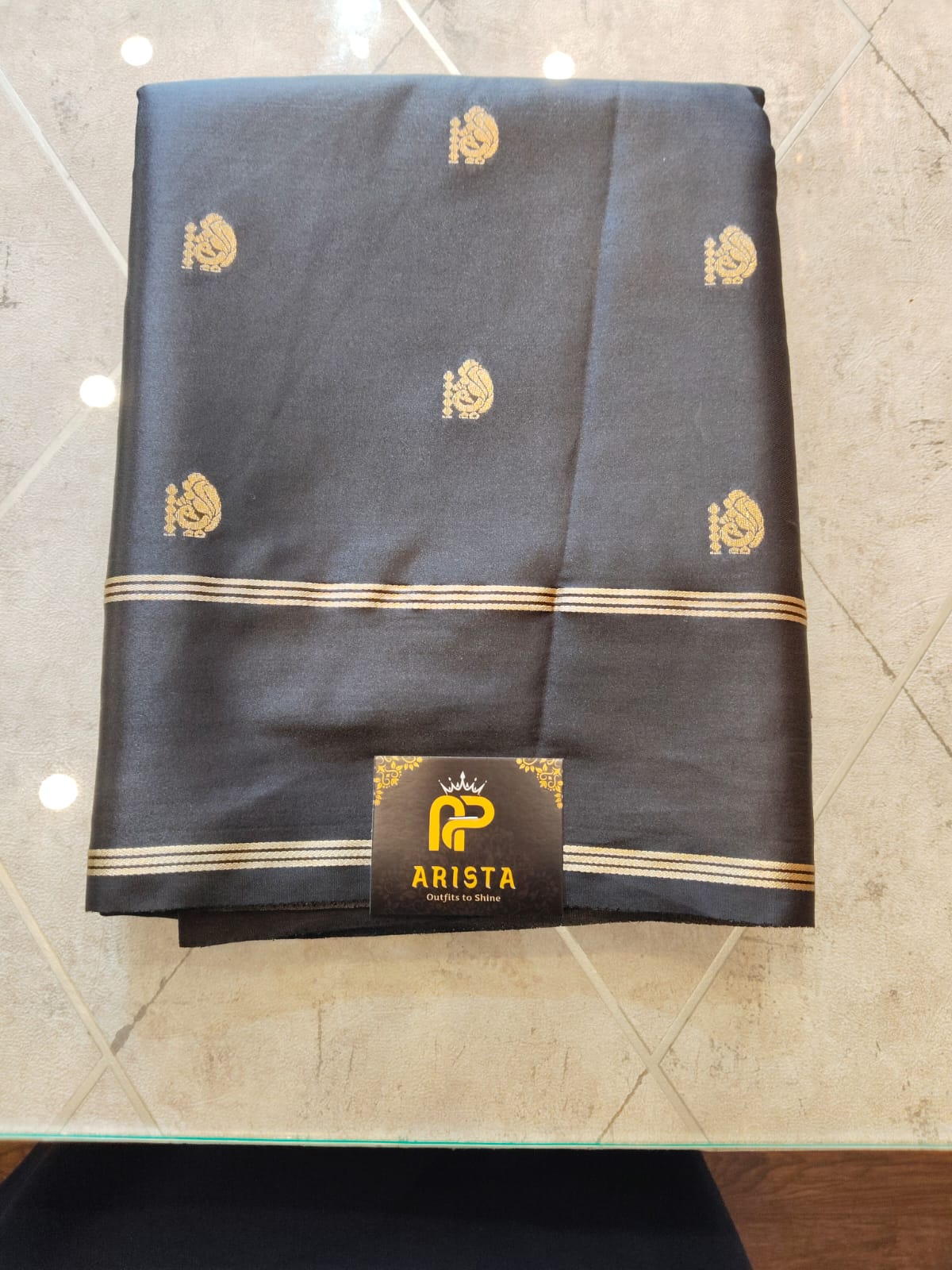 CREPE SILK Black & Golden Peacock Motifs Saree