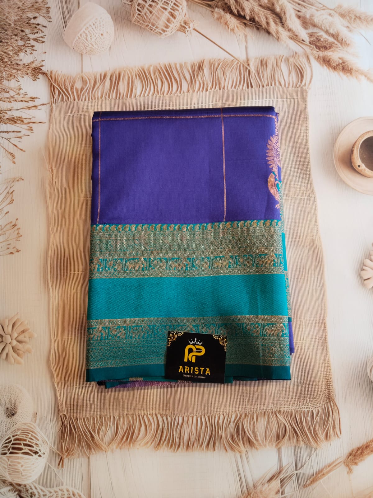 Purple & Rama Green Semi Kanchipuram Silk Saree with Golden Zari Border