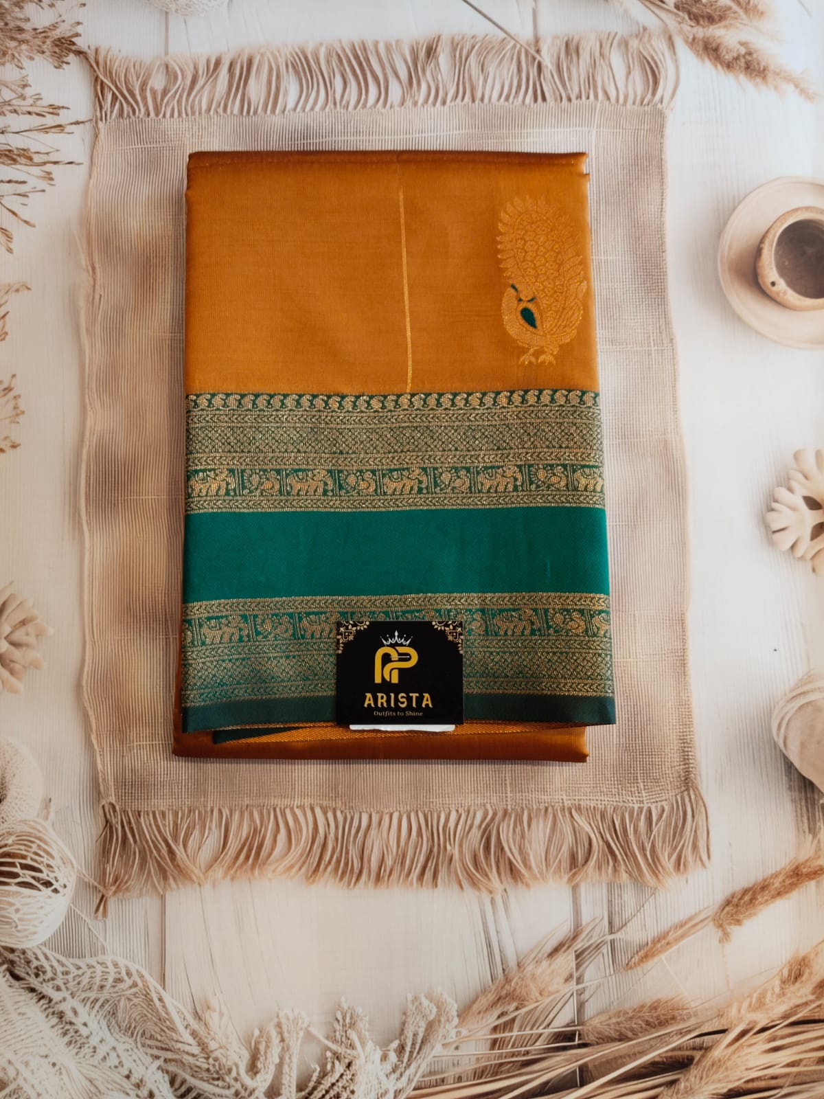 Mango yellow & Green Semi Kanchipuram Silk Saree with Golden Zari Border