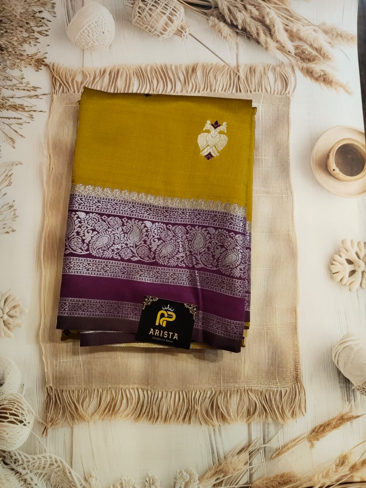 Mustard Yellow & Dark Pink Semi Kanchipuram Silk Saree with Golden Zari Border