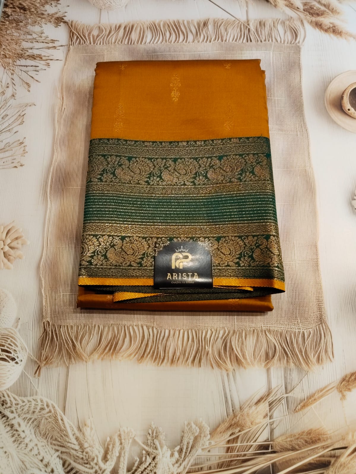 Mango yellow & Green Semi Kanchipuram Silk Saree with Golden Zari Border