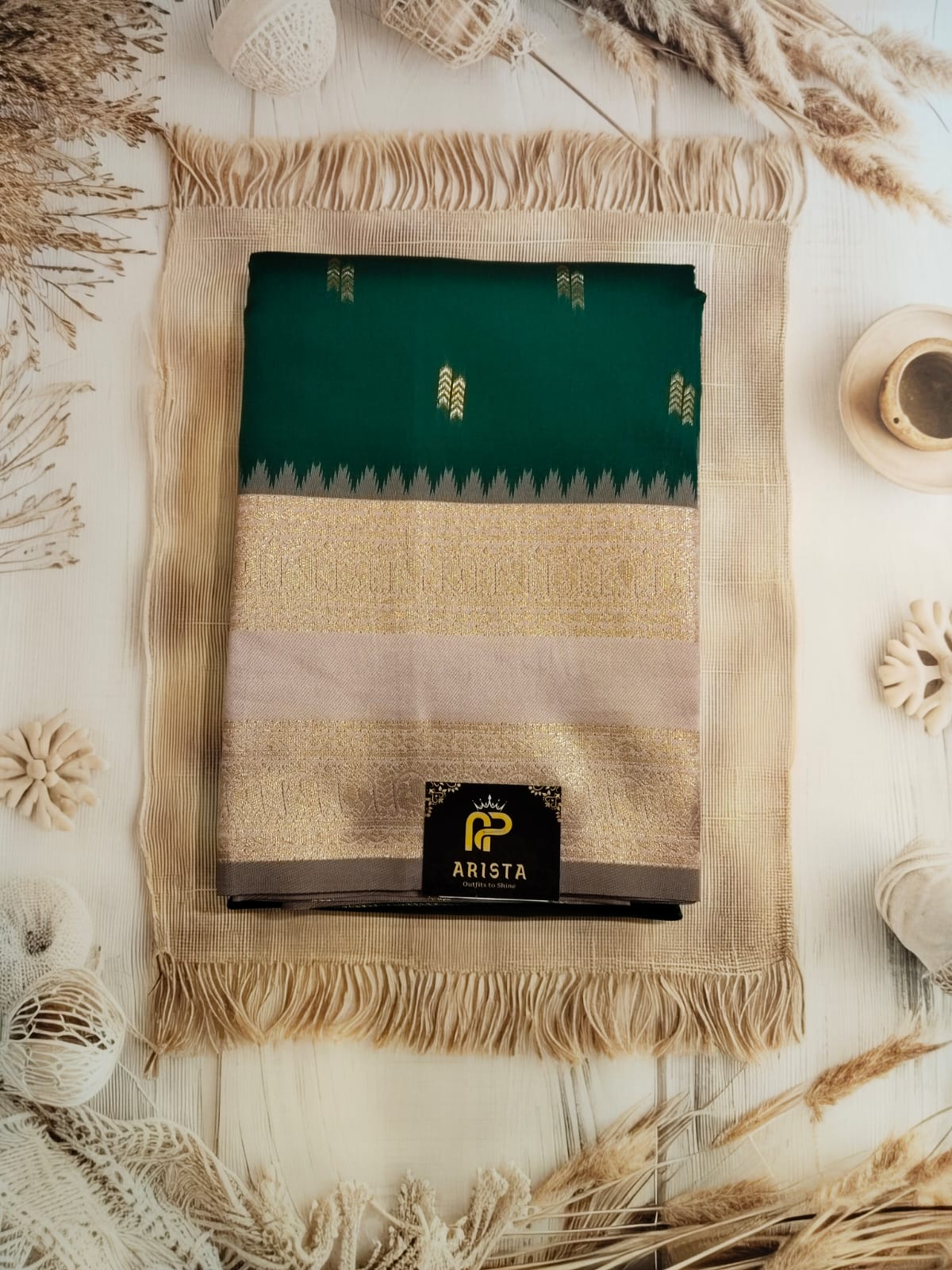 Green & Baby Pink Semi Kanchipuram Silk Saree with Golden Zari Border