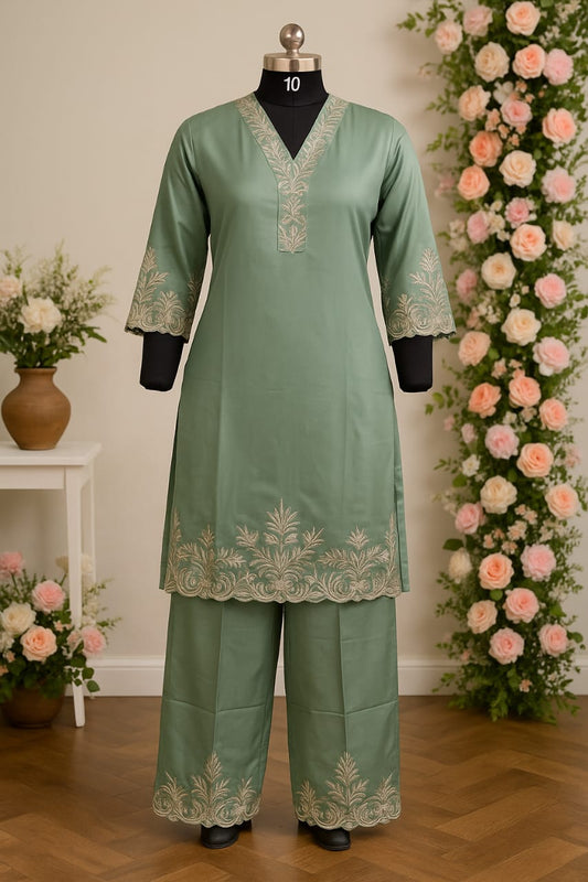 Green co order set with Embroidery