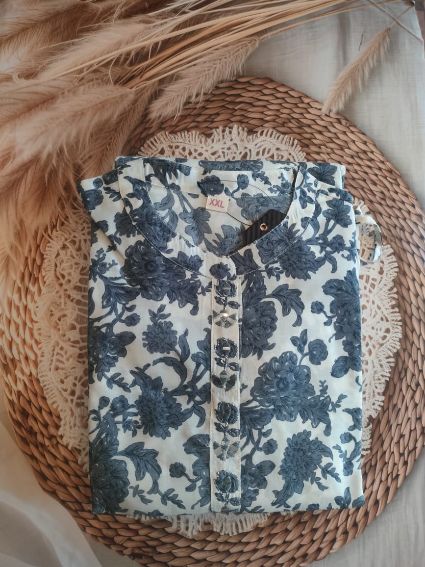 WHITE AND BLUE FLORAL PRINTED 3PCS SET