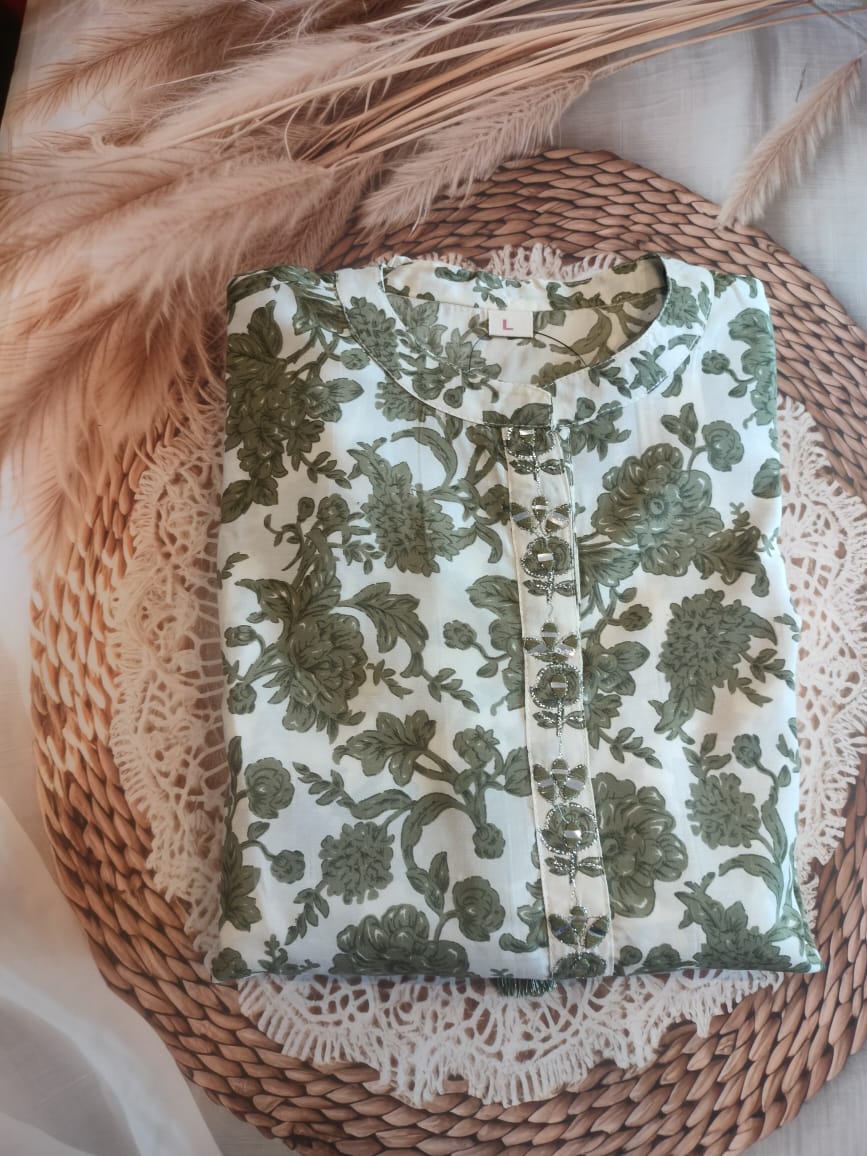 WHITE AND SOFTGREEN FLORAL PRINTED 3PCS SET