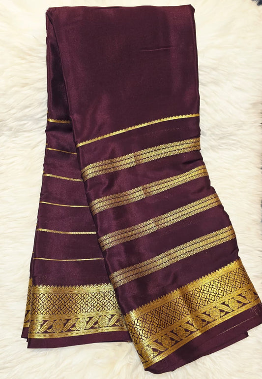 Pure Crepe Mysore Silk Saree Dark Brown Self colour