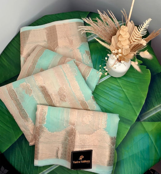 Semi Organza Saree With Rankat Design – Mint Gold Royal Elegance
